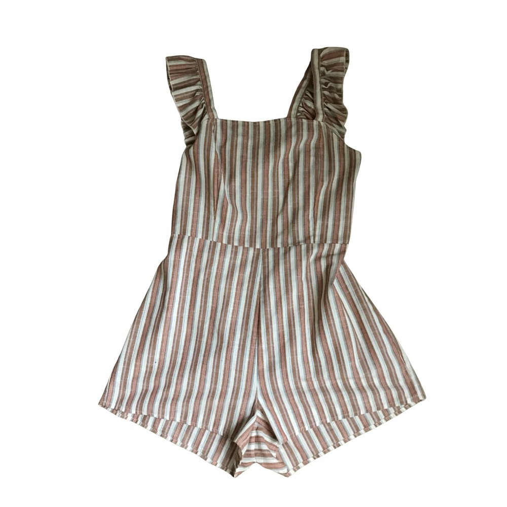 Womens Striped Ruffle Strap Romper Tie Back Sleeveless Jumpsuit Brown White sm